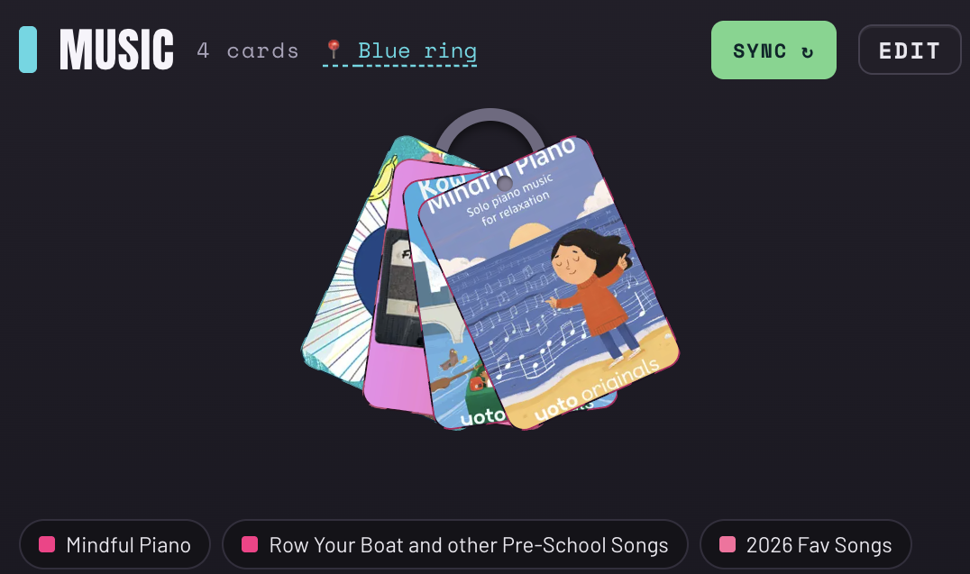 A bundle in Tidy My Yotos: four cards fanned on a ring, with sync and edit buttons
